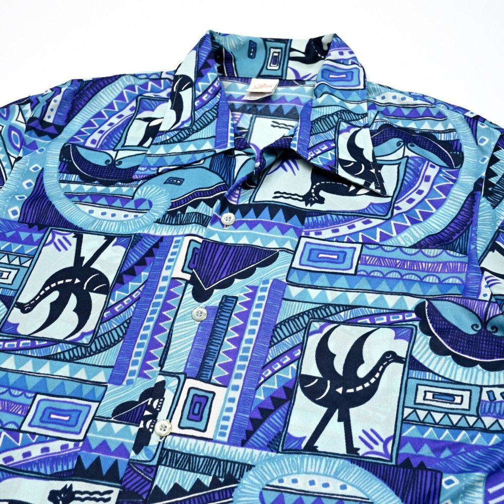 Vintage Jantzen USA Hawaiian Shirt Tiki Cabana Casual Animal Hieroglyphs Large